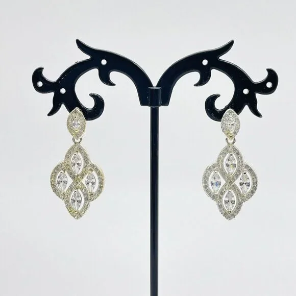 Marquise Chandelier Earrings Silver Tone Rhinestones Glam Bling Sparkle Holiday - Picture 4 of 9